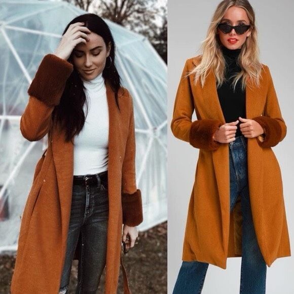 Lulus Mariana Fur Trimmed Collared Dressy‎ Coat Small Pockets Belted Rust - Picture 1 of 13